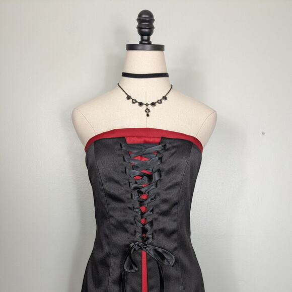 Vintage Prom Dress Maxi Gown S Red Black Corset Goth 90 Y2K Strapless Vamp Glam - Picture 2 of 13